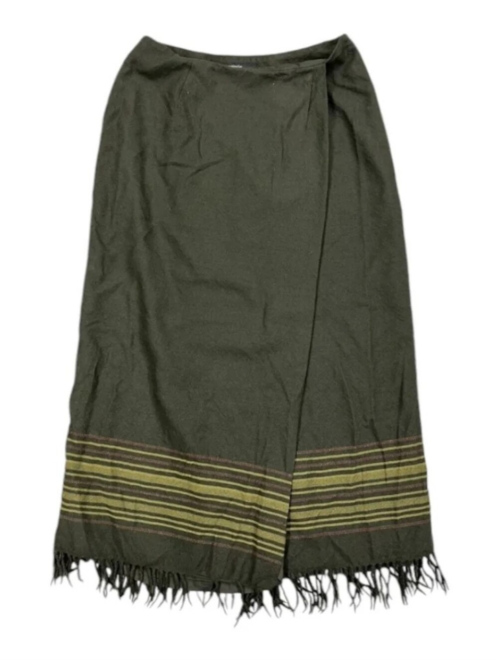 Valerie Stevens Wool Wrap Skirt 10P Green Fringe Kilt Petite Midi Academic
